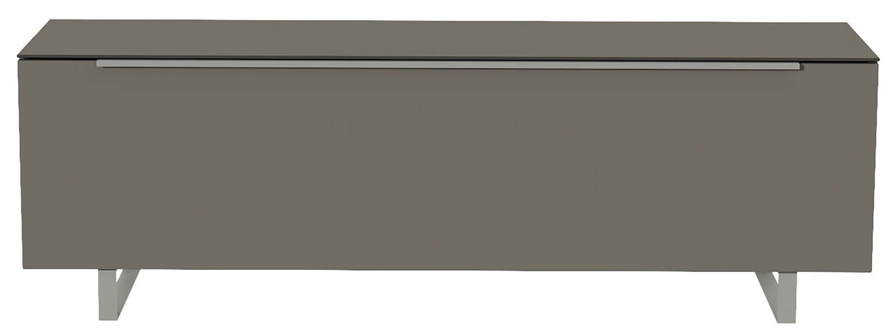 Modernes TV-Lowboard in grauer Farbe mit Metallbeinen, Frontansicht.