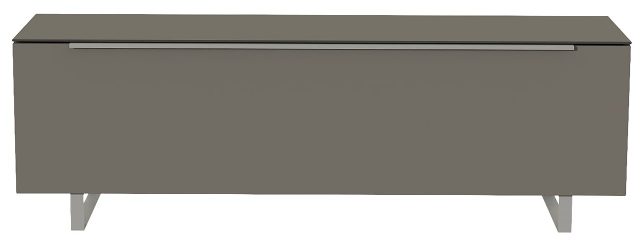 Modernes TV-Lowboard in grauer Farbe mit Metallbeinen, Frontansicht.