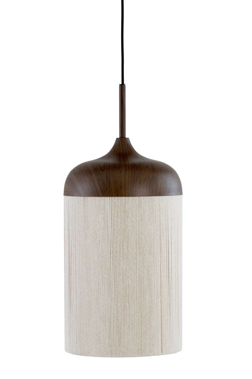 Moderne hanglamp met een cilindrische lampenkap van licht generfd hout en een donkerbruine houten kap, vooraanzicht tegen een witte achtergrond