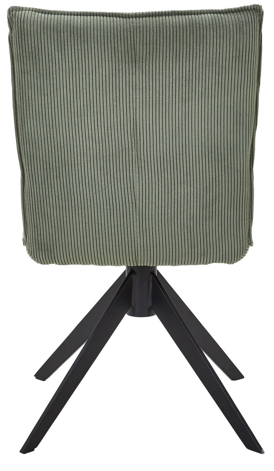 Rückansicht eines grünen Stuhls mit geripptem Stoffbezug und schwarzem Metallgestell.