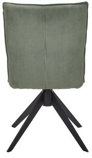 Rückansicht eines grünen Stuhls mit geripptem Stoffbezug und schwarzem Metallgestell.