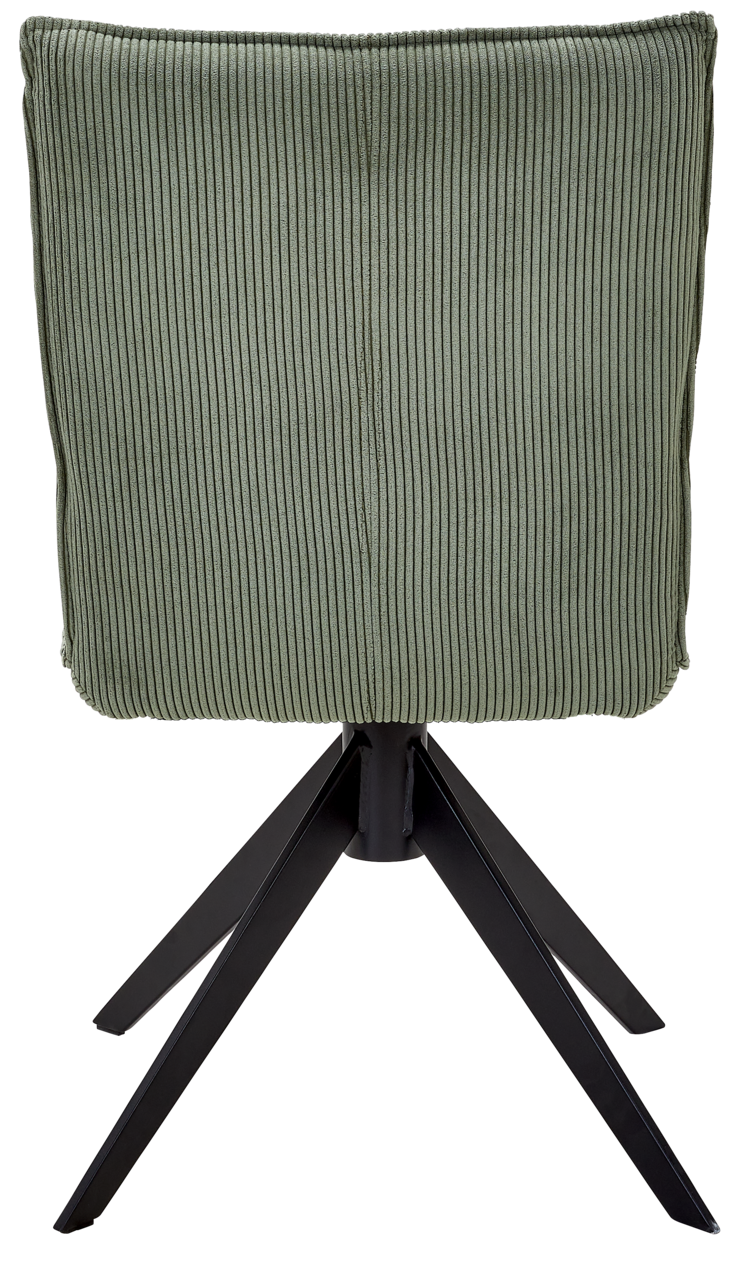 Johann Jakob Stuhl CALAS Rückansicht eines grünen Stuhls mit geripptem Stoffbezug und schwarzem Metallgestell.