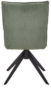 Rückansicht eines grünen Stuhls mit geripptem Stoffbezug und schwarzem Metallgestell.