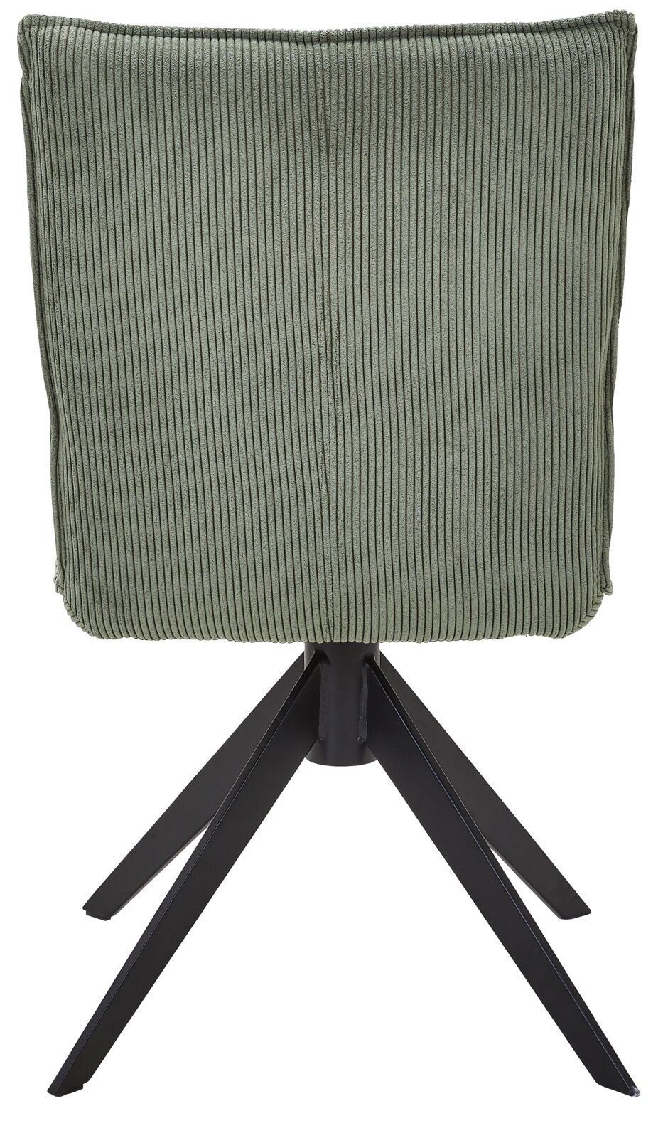 Rückansicht eines grünen Stuhls mit geripptem Stoffbezug und schwarzem Metallgestell.