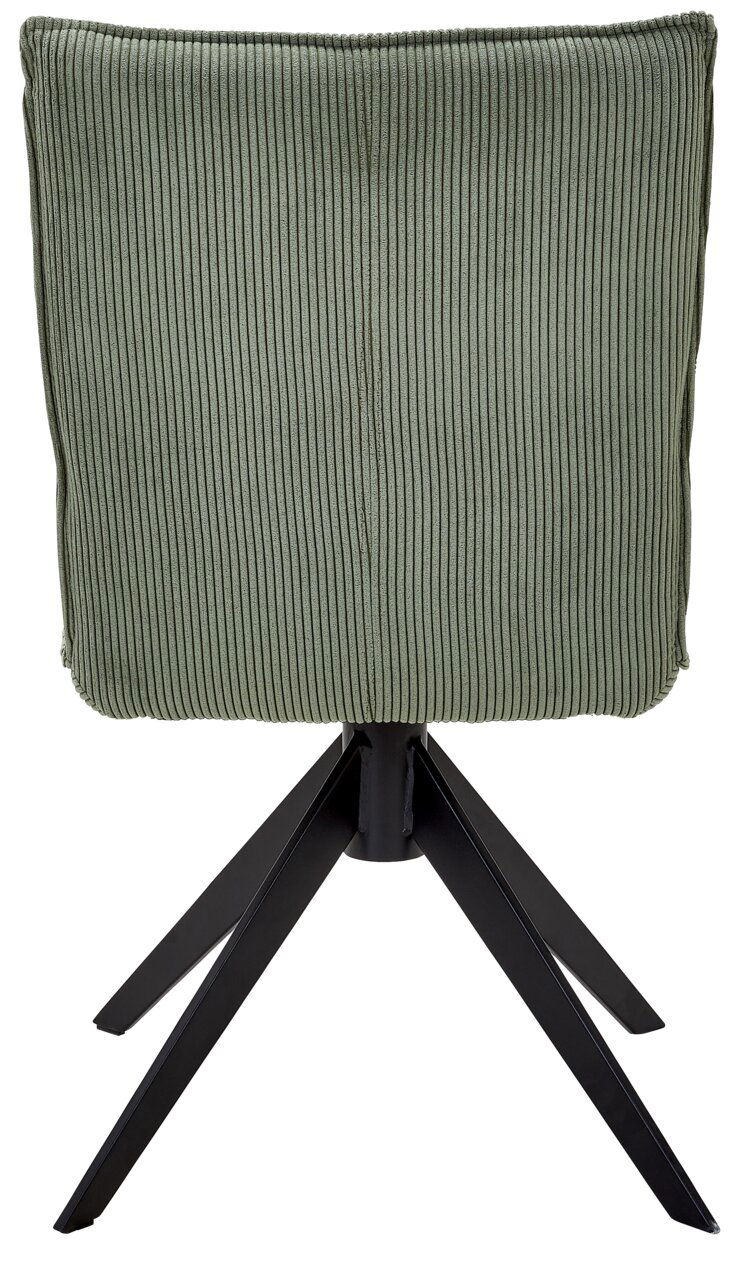 Johann Jakob Stuhl CALAS Rückansicht eines grünen Stuhls mit geripptem Stoffbezug und schwarzem Metallgestell.
