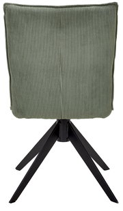Rückansicht eines grünen Stuhls mit geripptem Stoffbezug und schwarzem Metallgestell.