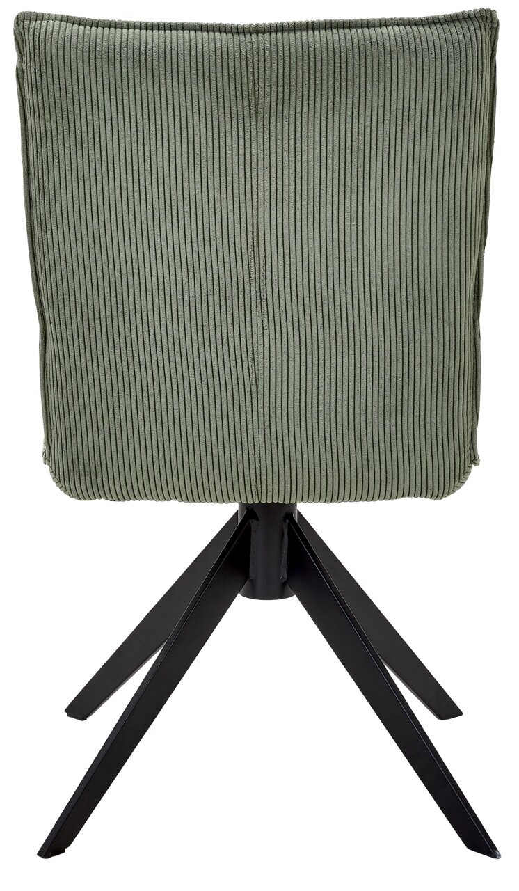 Johann Jakob Stuhl CALAS Rückansicht eines grünen Stuhls mit geripptem Stoffbezug und schwarzem Metallgestell.