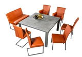 Essgruppe mit quadratischem Tisch und orangefarbenen Stühlen, Vogelperspektive