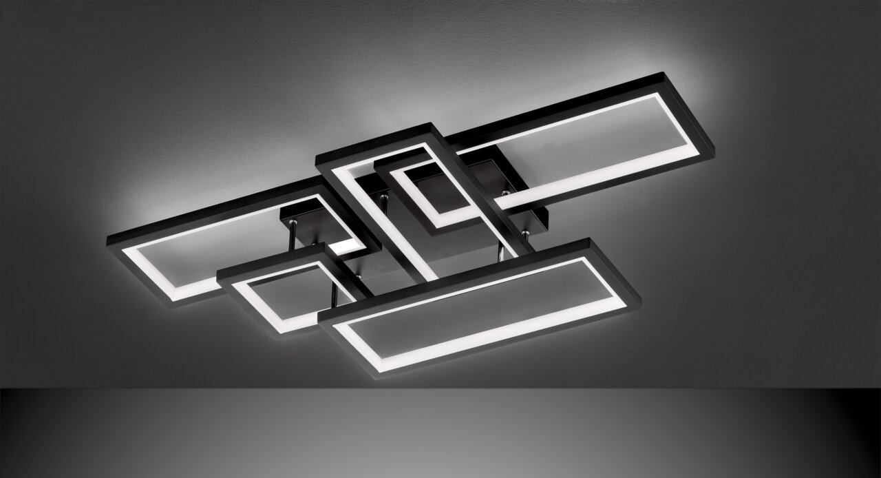 Moderne LED-Deckenleuchte mit geometrischem Design, seitliche Perspektive