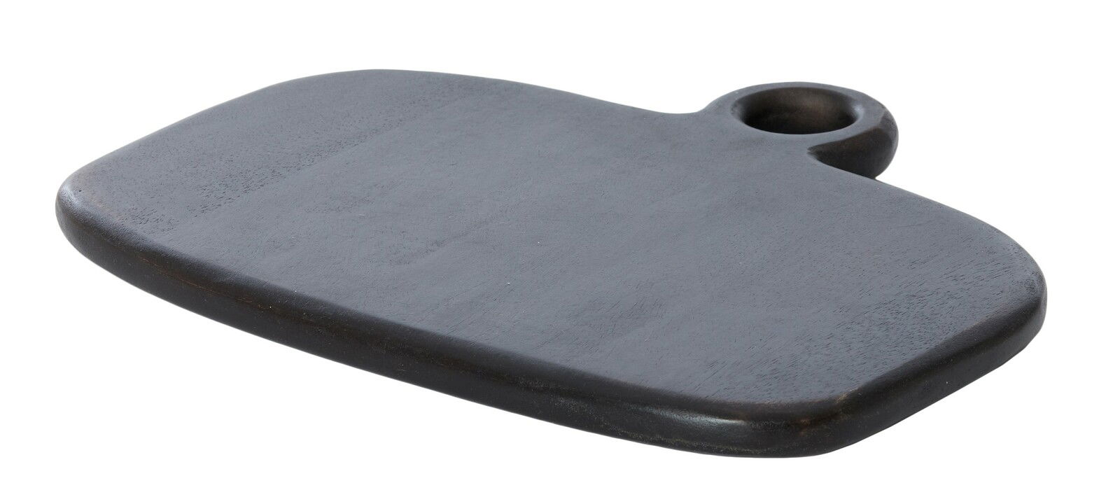 Schwarzes Schneidebrett aus Holz mit abgerundeten Ecken und einem Griffloch, seitliche Perspektive