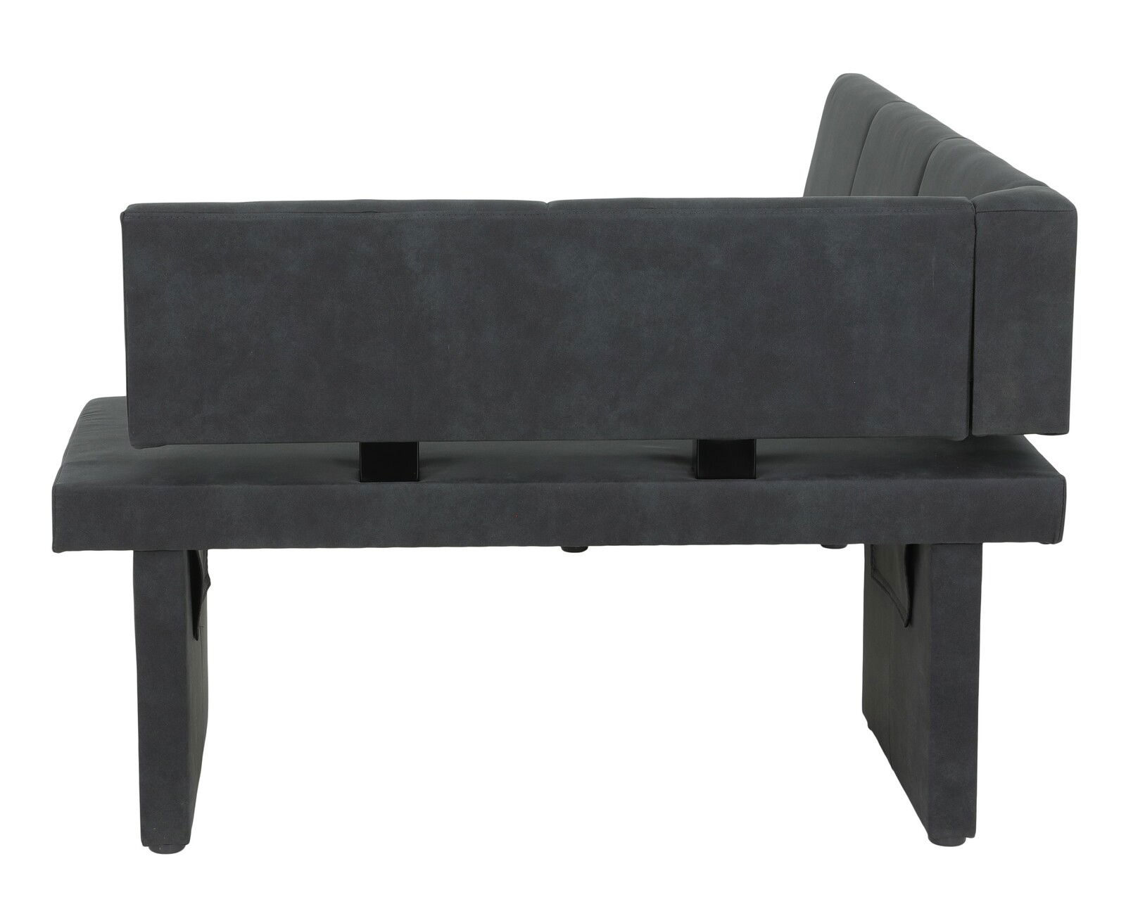 Rückansicht einer modernen, dunkelgrauen Eckbank mit gepolsterter Rückenlehne und Sitzfläche.