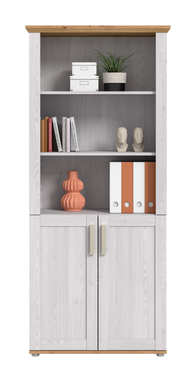 Frontalansicht eines weißen Holz-Büroschranks mit Naturholz-Abdeckplatte, offenen Regalböden und zweitürigem Unterschrank mit Metallgriffen, dekoriert mit Ordnern, Büchern, Vase und Pflanze