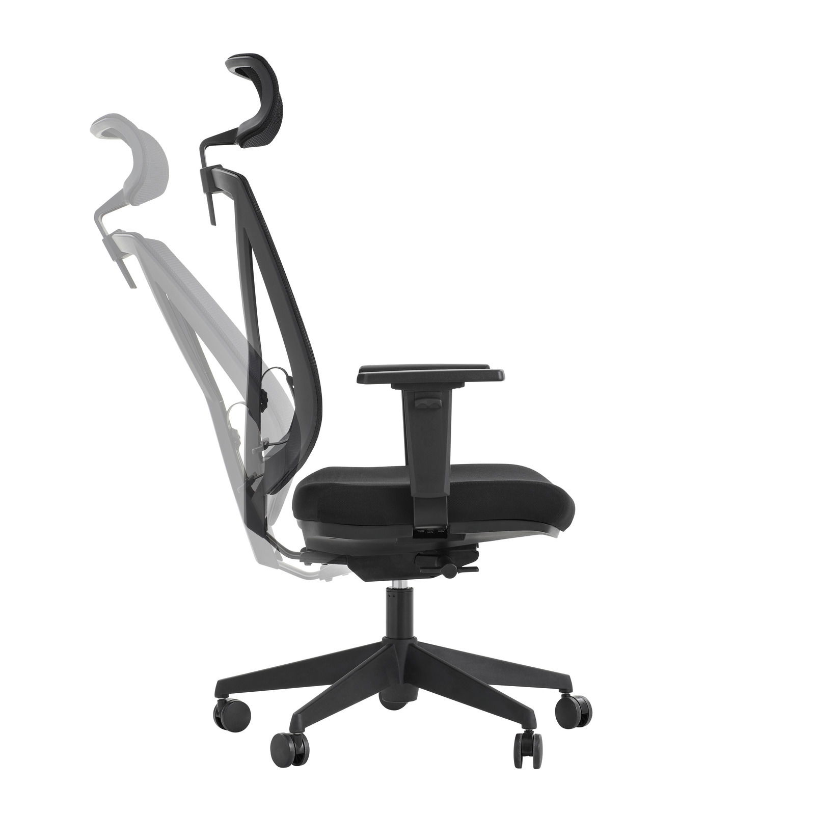 Ergonomischer Drehstuhl mit verstellbarer Rückenlehne und Kopfstütze, Seitenansicht