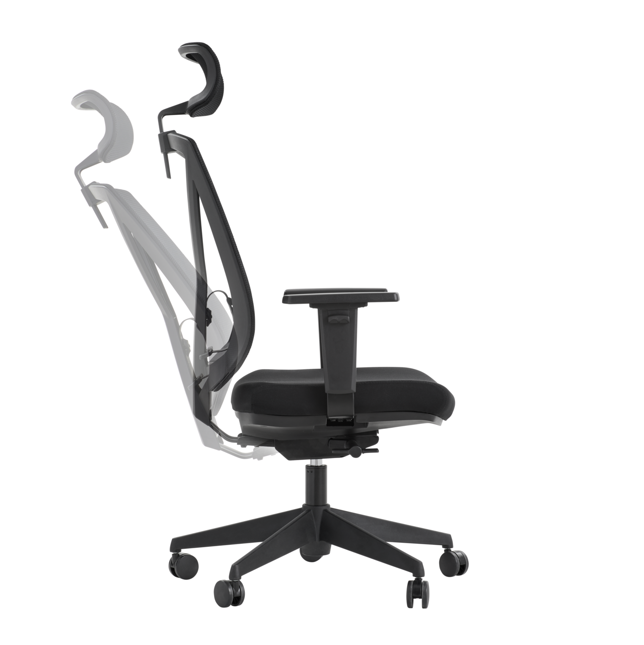 Ergonomischer Drehstuhl mit verstellbarer Rückenlehne und Kopfstütze, Seitenansicht