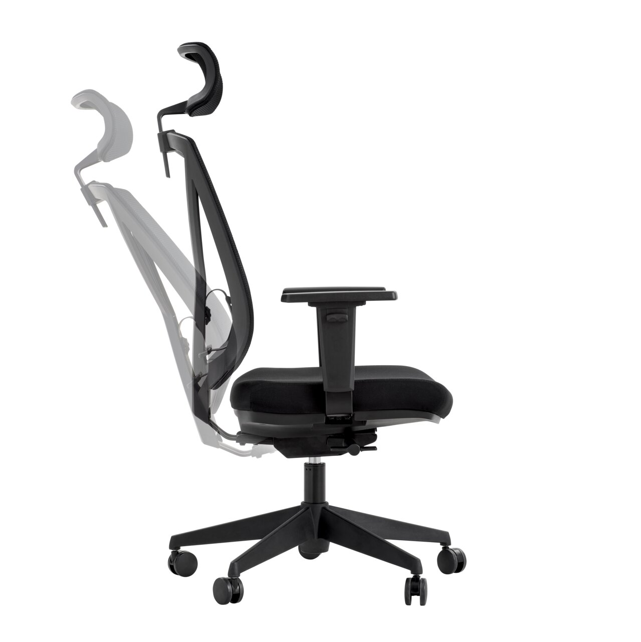 Ergonomischer Drehstuhl mit verstellbarer Rückenlehne und Kopfstütze, Seitenansicht