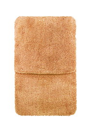 Zweiteiliges Badteppich-Set in warmem Orange, aus der Vogelperspektive fotografiert.