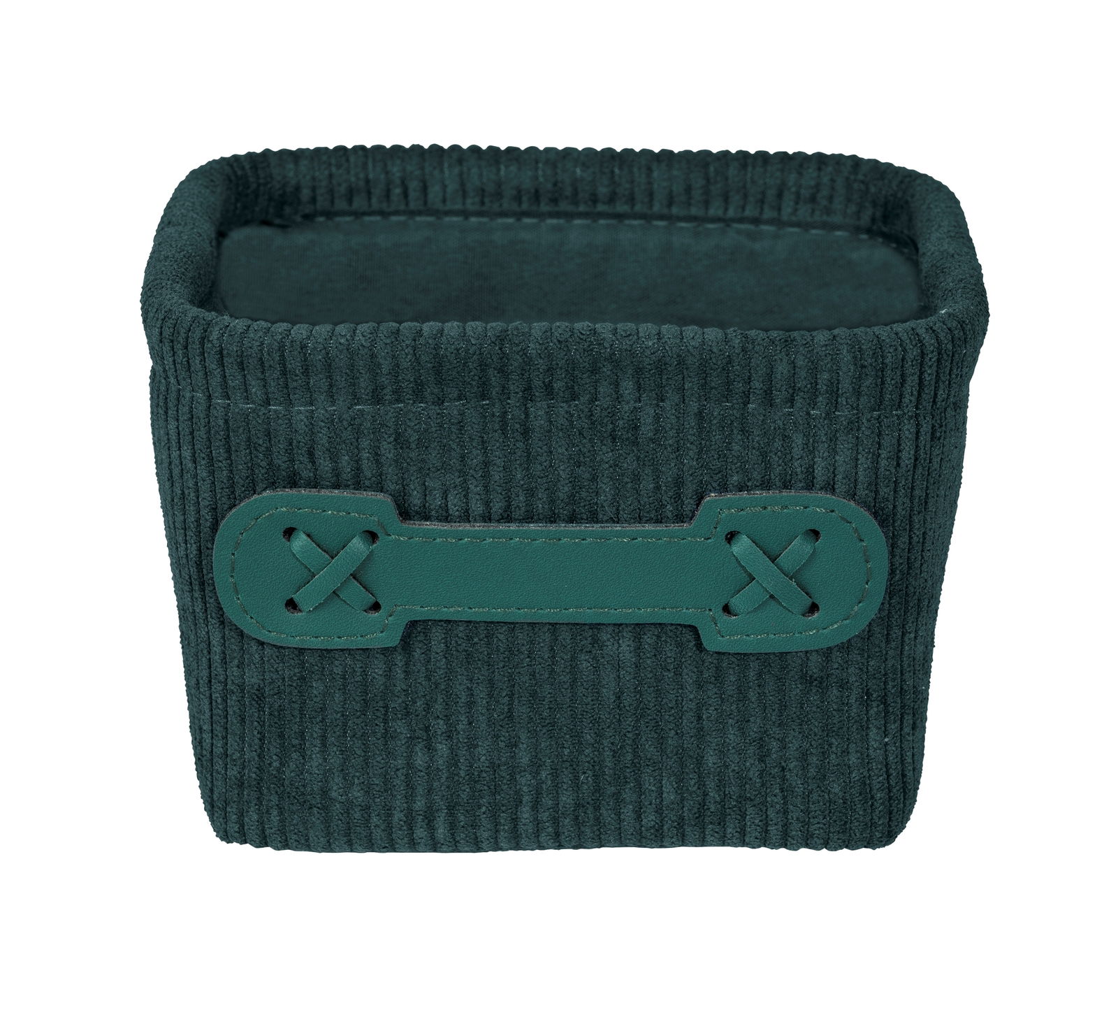 Dunkelgrüner, quadratischer Badkorb Anela mini mit Kordstruktur und dekorativem Griff, Frontalansicht.