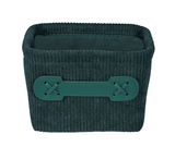 Dunkelgrüner, quadratischer Badkorb Anela mini mit Kordstruktur und dekorativem Griff, Frontalansicht.