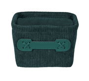 Dunkelgrüner, quadratischer Badkorb Anela mini mit Kordstruktur und dekorativem Griff, Frontalansicht.