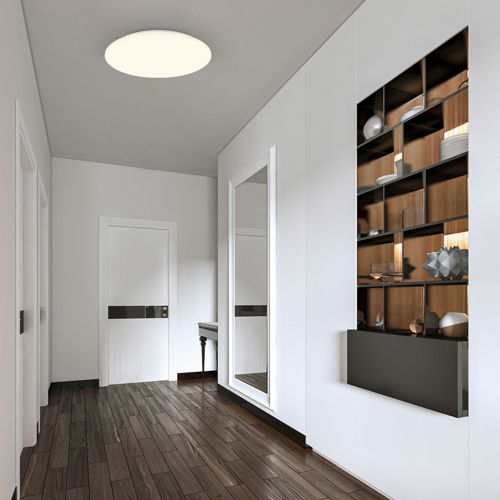 LED Deckenleuchte mit Sensor, weiß, in einem modernen Flur von unten betrachtet.