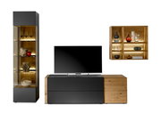 Moderne Wandkombination mit TV-Schrank, Vitrine und Wandregal in Holzoptik und dunklem Design, frontal betrachtet.