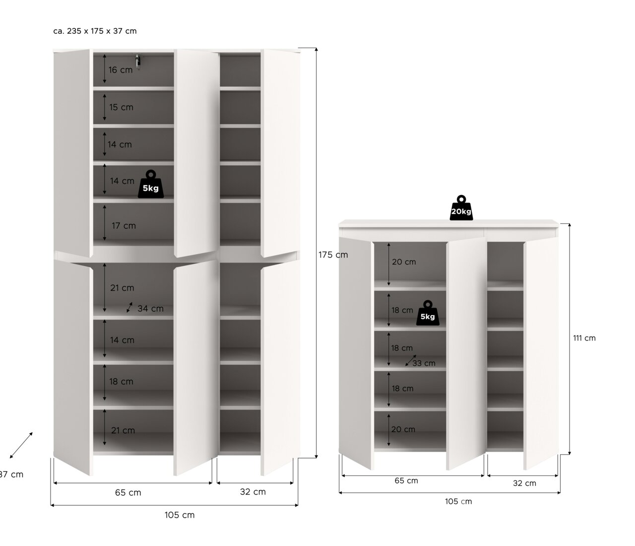 Weiße Schrankkombination mit geöffneten Türen und mehreren Einlegeböden, Maßgrafik mit Abmessungen (ca. 235×175×37 cm) sowie separater Kommode (105×111×37 cm) und Belastungsangaben, frontale Ansicht.