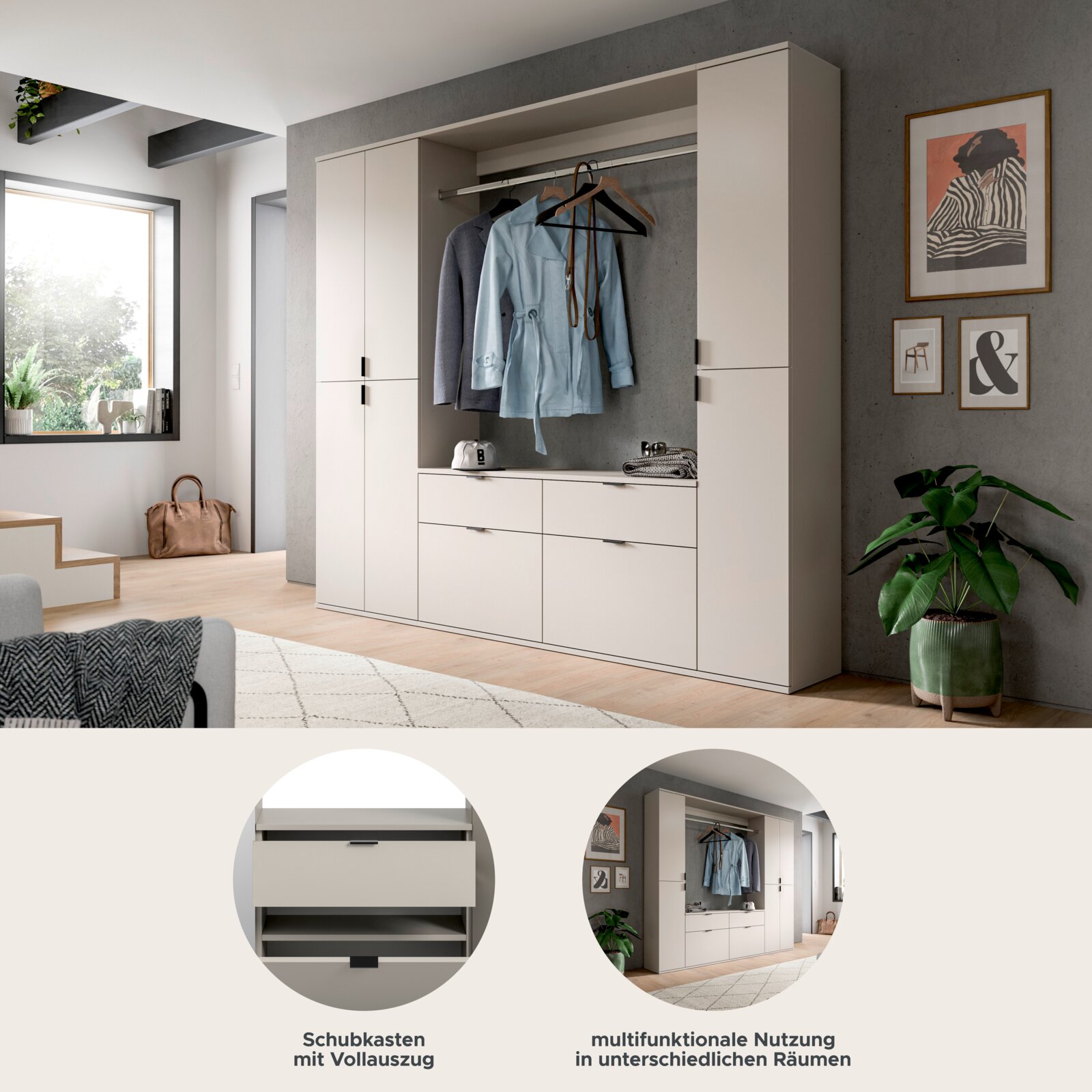 Moderne Garderoben-Schrankkombination in hellem Beige mit Kleiderstange, offenen Ablagefächern und Schubkästen mit Vollauszug, frontal in leichter Seitenperspektive im Wohnraum gezeigt