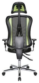 Rückansicht eines Gaming-Stuhls mit ergonomischem Design, schwarzem Netzrücken und grünen Akzenten.