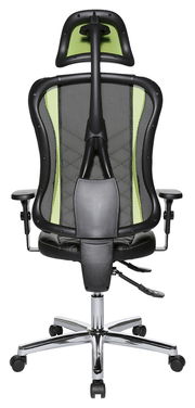 Rückansicht eines Gaming-Stuhls mit ergonomischem Design, schwarzem Netzrücken und grünen Akzenten.