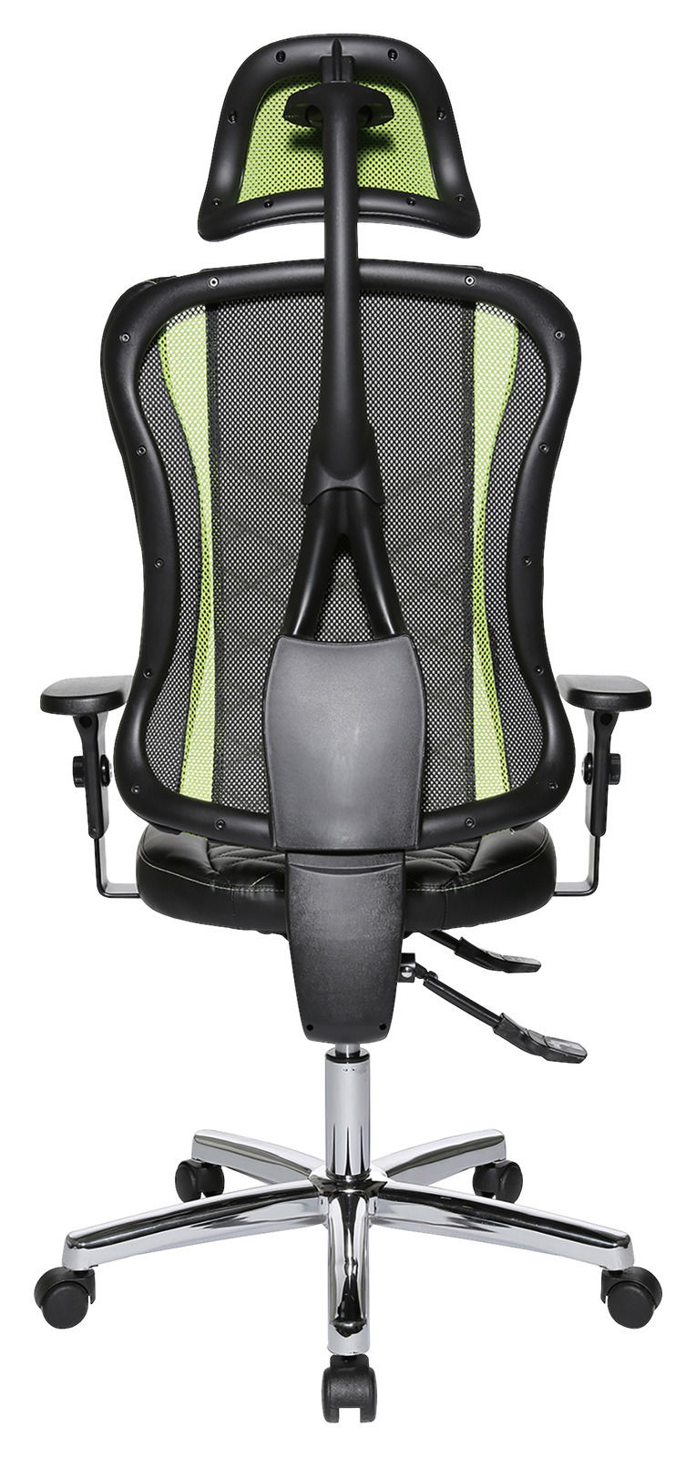 Rückansicht eines Gaming-Stuhls mit ergonomischem Design, schwarzem Netzrücken und grünen Akzenten.