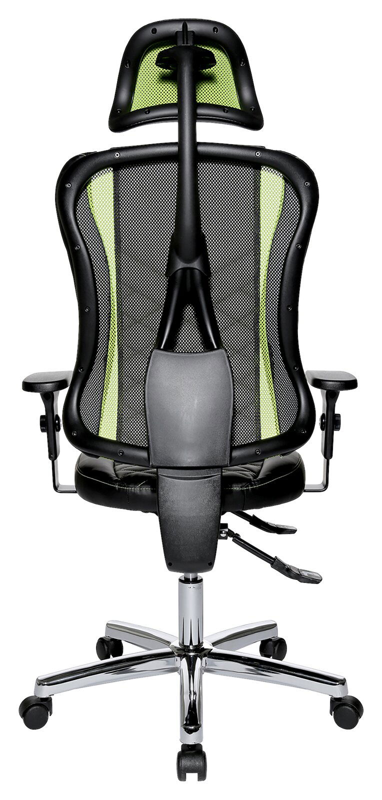 Rückansicht eines Gaming-Stuhls mit ergonomischem Design, schwarzem Netzrücken und grünen Akzenten.