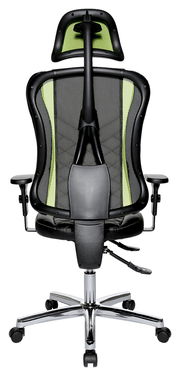 Rückansicht eines Gaming-Stuhls mit ergonomischem Design, schwarzem Netzrücken und grünen Akzenten.