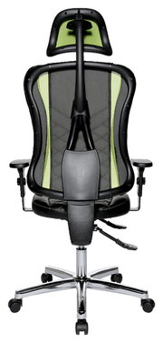 Rückansicht eines Gaming-Stuhls mit ergonomischem Design, schwarzem Netzrücken und grünen Akzenten.