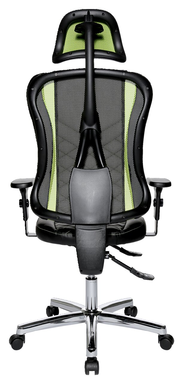 Rückansicht eines Gaming-Stuhls mit ergonomischem Design, schwarzem Netzrücken und grünen Akzenten.