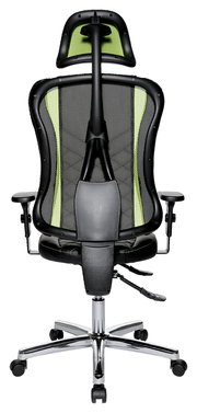 Rückansicht eines Gaming-Stuhls mit ergonomischem Design, schwarzem Netzrücken und grünen Akzenten.