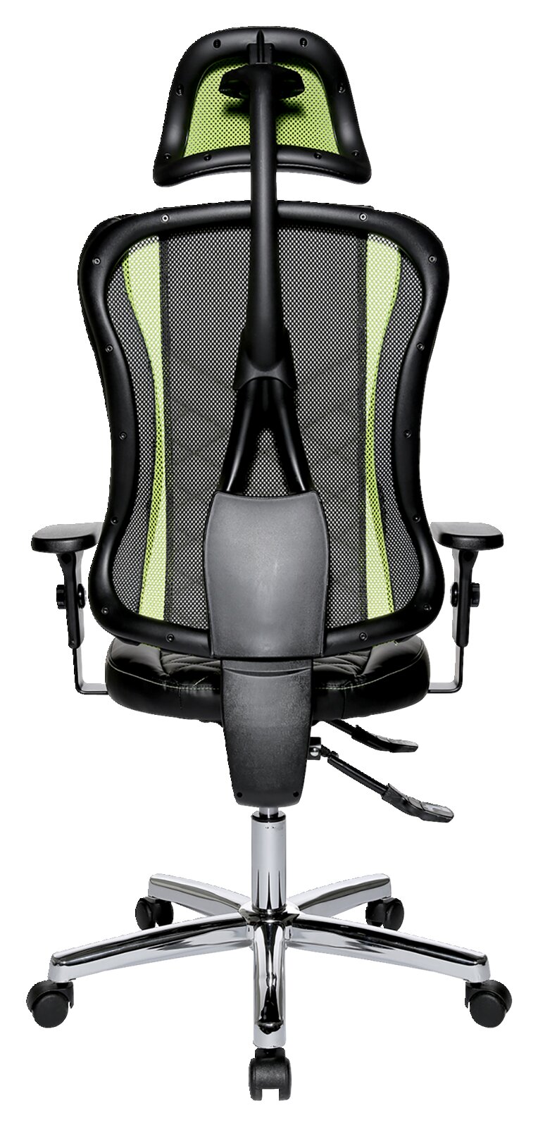 Achterkant van een gamingstoel met een ergonomisch ontwerp, een zwarte rugleuning van gaas en groene accenten.