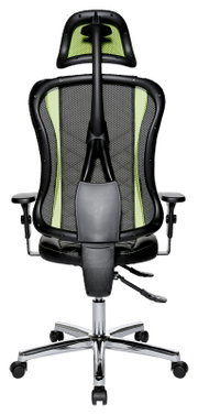 Rückansicht eines Gaming-Stuhls mit ergonomischem Design, schwarzem Netzrücken und grünen Akzenten.