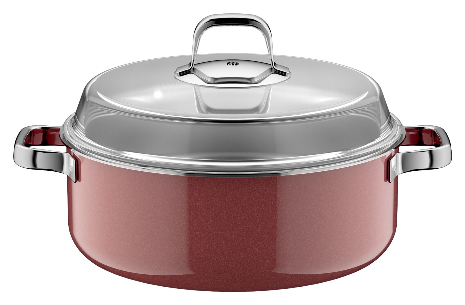 Schmortopf 28cm mit Deckel in Rot, seitliche Perspektive