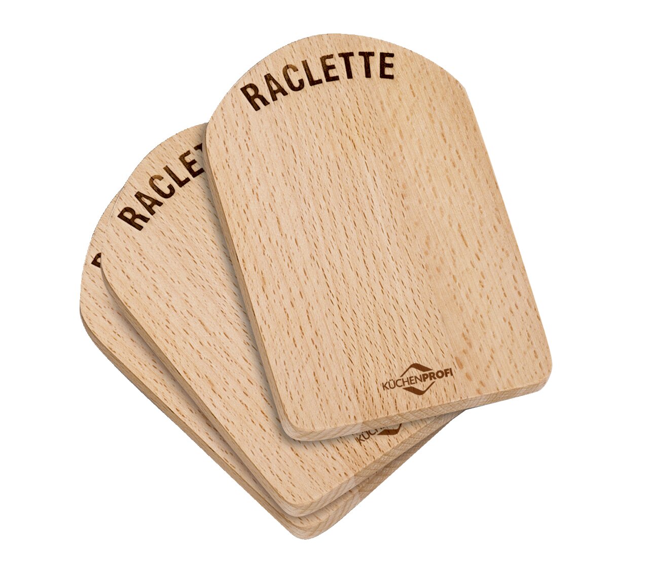 Vier gestapelte Raclette-Brettchen aus Holz mit der Aufschrift 'RACLETTE' und dem Logo 'KÜCHENPROFI', von oben betrachtet.