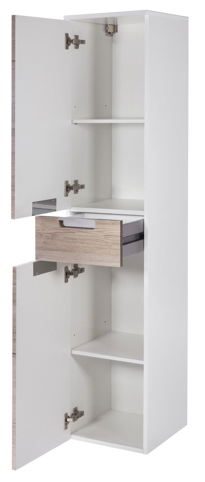 Hochschrank mit offenen Türen und Schublade, weiße Oberfläche mit Holzdetails, Frontalansicht