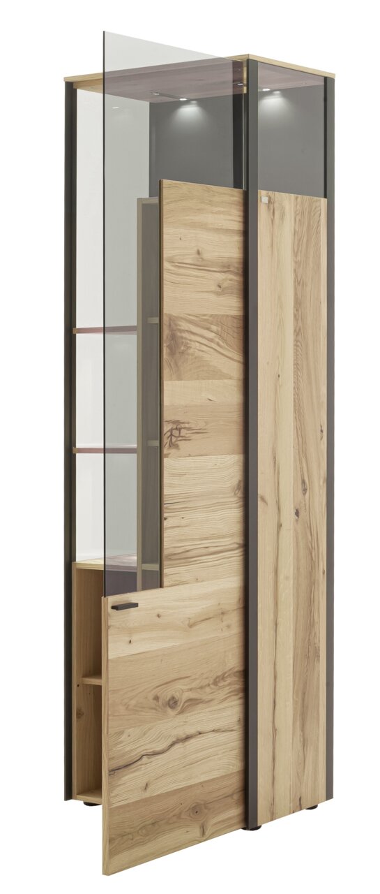 Moderne Vitrine aus Holz und Glas mit offener Tür, seitliche Perspektive