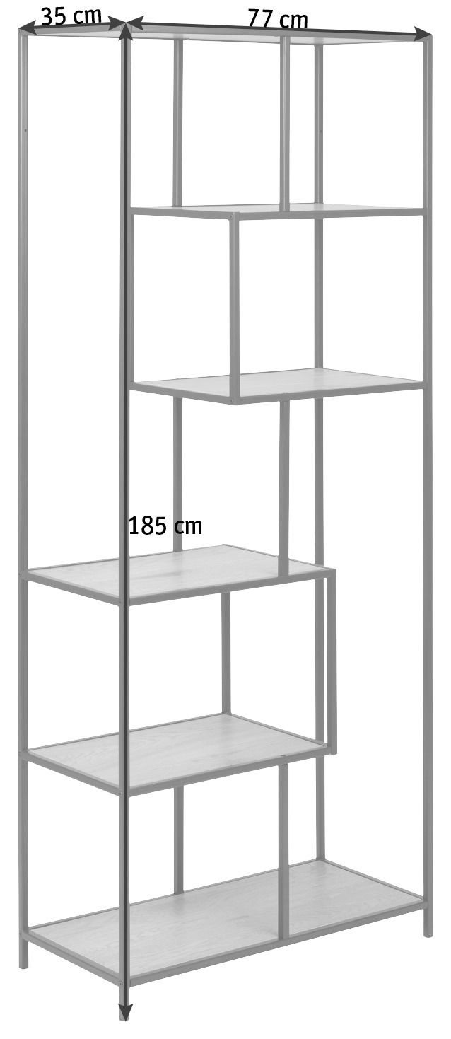 Metallregal mit fünf Ebenen, 185 cm hoch, 77 cm breit und 35 cm tief, seitliche Perspektive