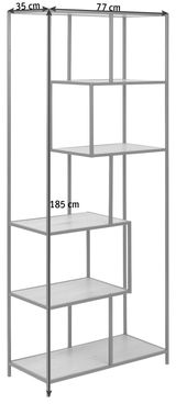 Metallregal mit fünf Ebenen, 185 cm hoch, 77 cm breit und 35 cm tief, seitliche Perspektive