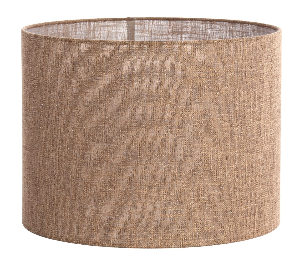 Zylindrischer, brauner Lampenschirm aus Stoff, seitliche Perspektive