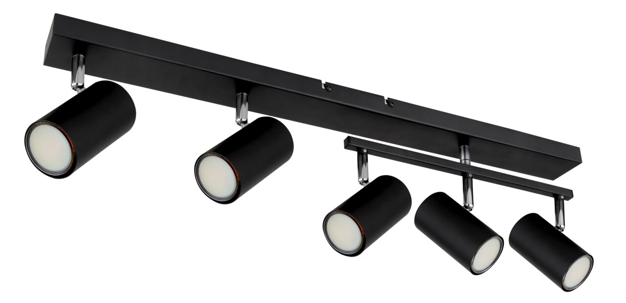 Schwarzer Deckenstrahler mit fünf zylindrischen Leuchten, seitliche Perspektive
