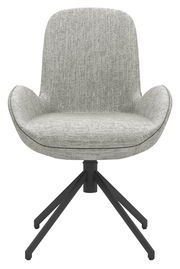 Moderner Armlehnstuhl mit grauem Stoffbezug und schwarzem Metallgestell, Frontalansicht