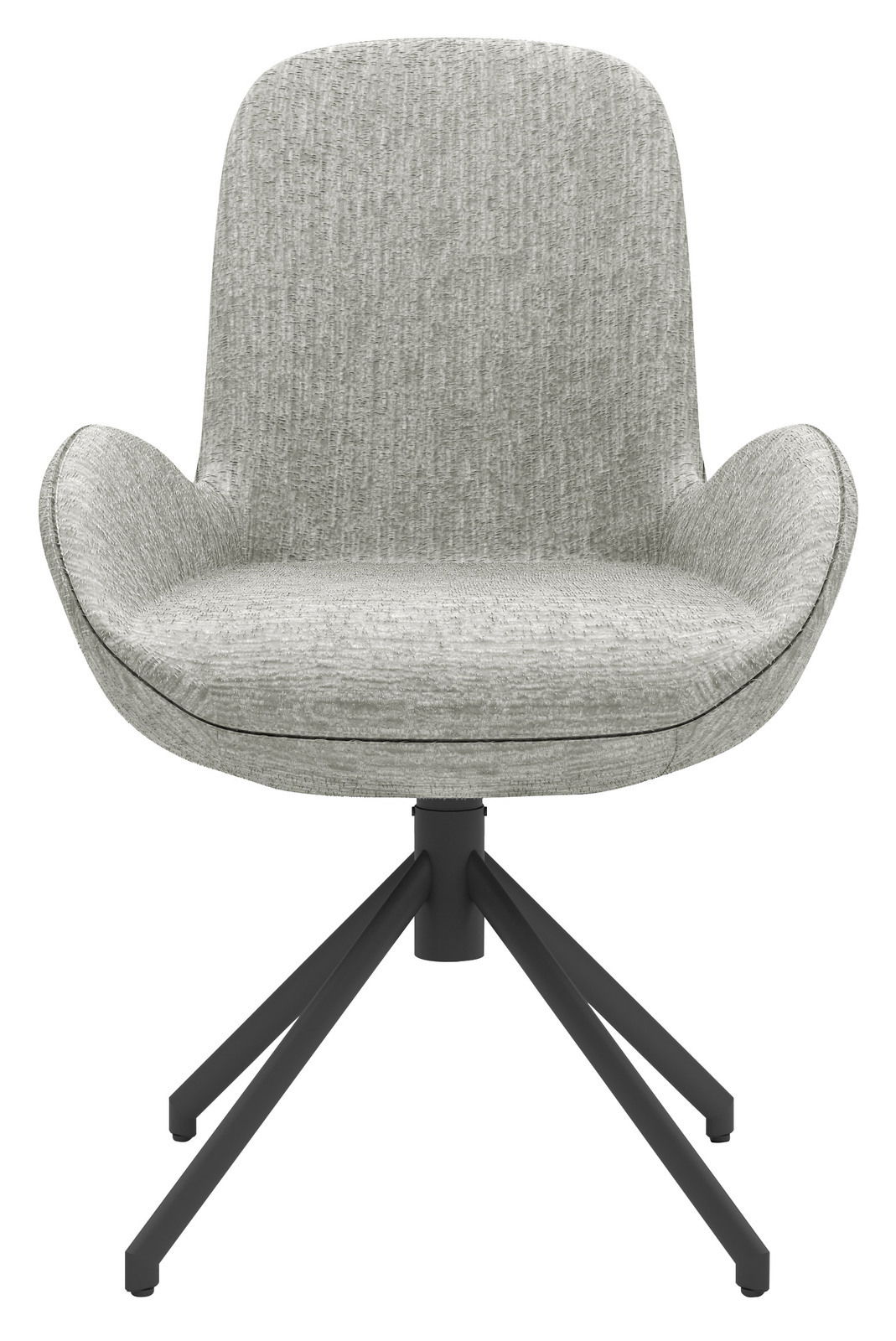 Moderner Armlehnstuhl mit grauem Stoffbezug und schwarzem Metallgestell, Frontalansicht