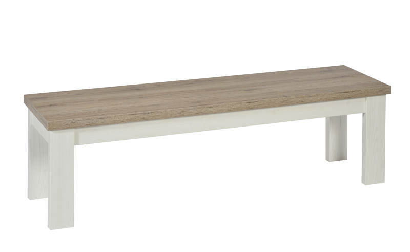 Holz-Sitzbank mit weißem Gestell und naturbelassener Sitzfläche, seitliche Perspektive