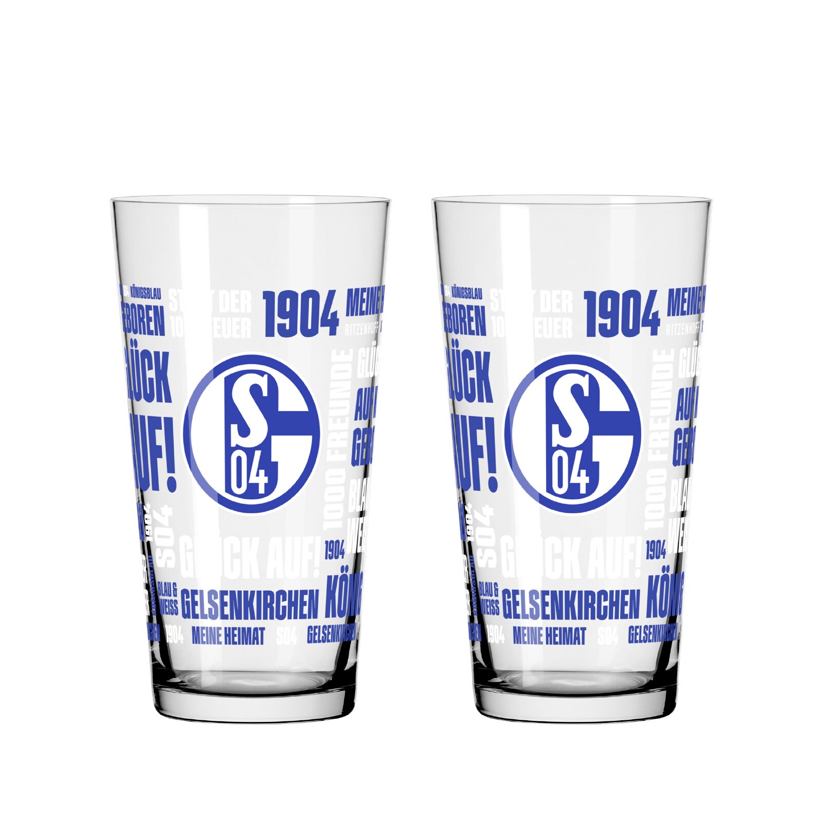 Zwei klare Trinkgläser mit blau-weißem FC-Schalke-04-Logo und typografischem Fan-Dekor, frontal aus leichter Aufsicht vor weißem Hintergrund