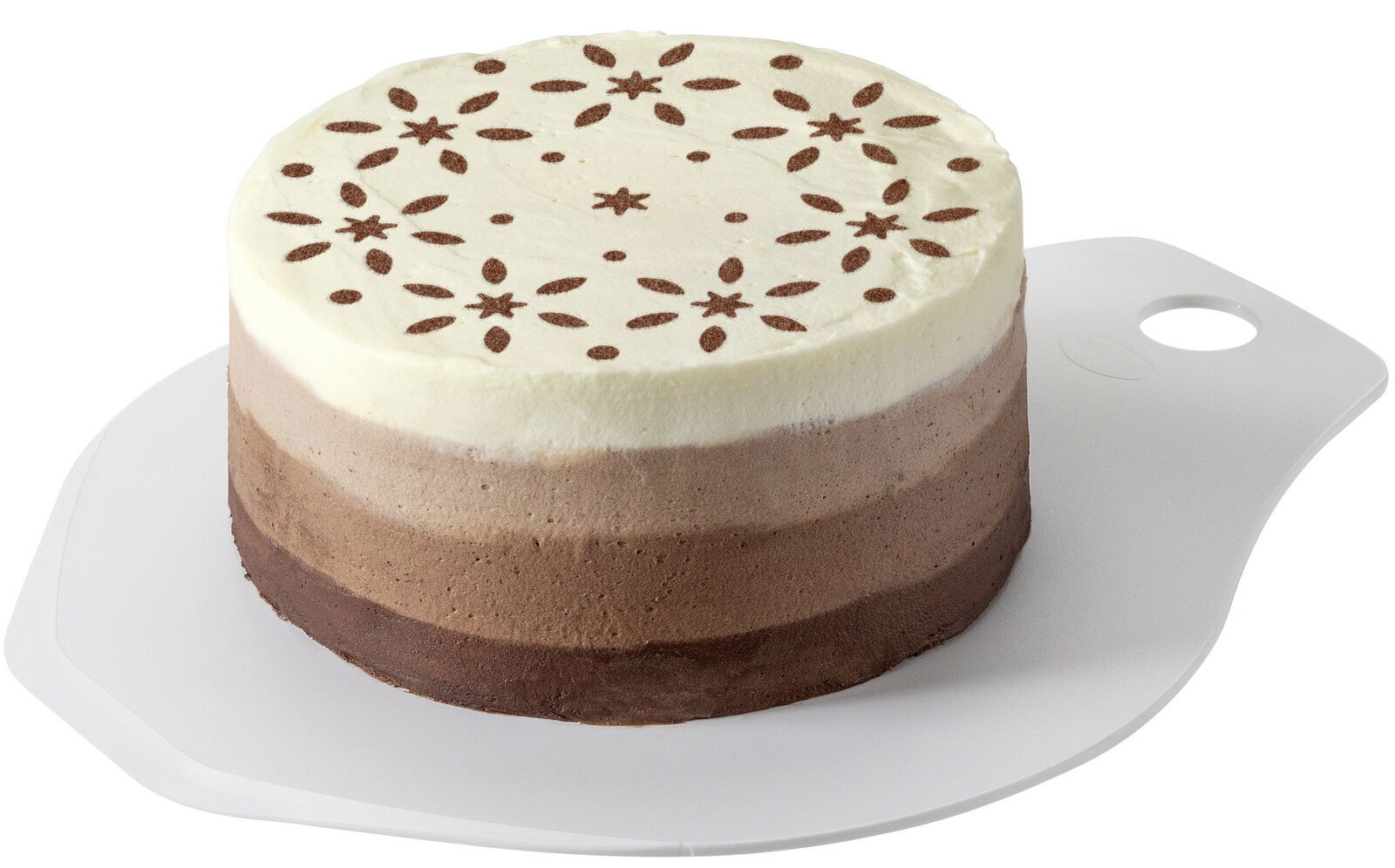 Dr. Oetker Tortenretter/-verzierer Tortenretter mit einer dreischichtigen Schokoladentorte, von oben betrachtet.